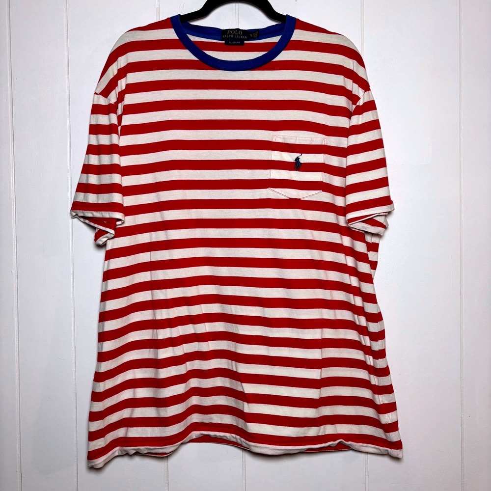 Polo Ralph Lauren Mens XL Red White Striped Pocket T-Shirt Blue Ringer Preppy